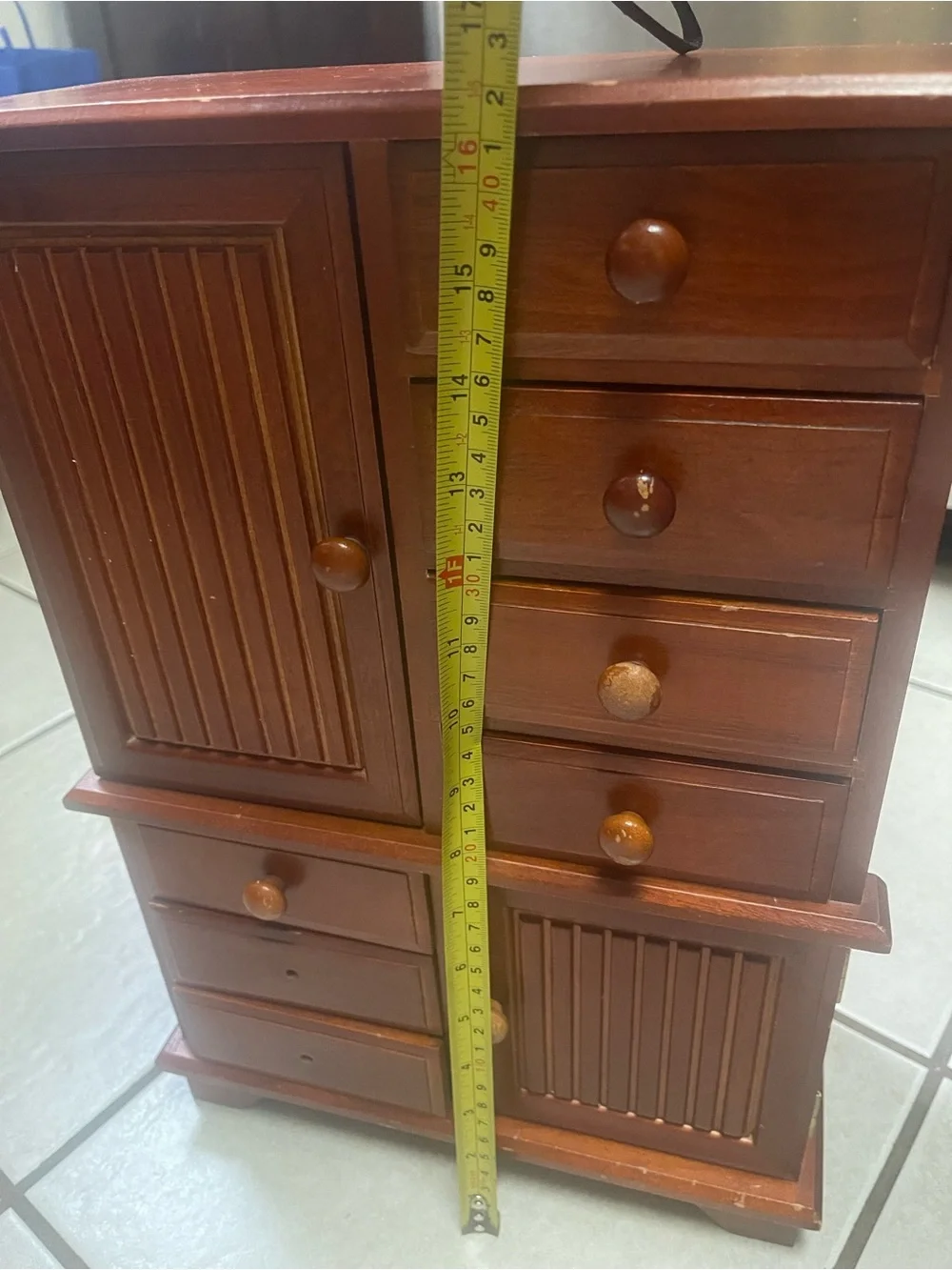 Vintage Mele Tall Wooden Jewelry Box with Seven Drawers and Drawers Mirror